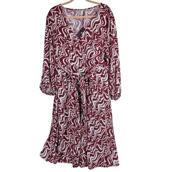 Ava & Viv Women Plus 1X Burgundy Swirl Balloon Sleeve Midi Belted Classic Dress - Picture 1 of 16